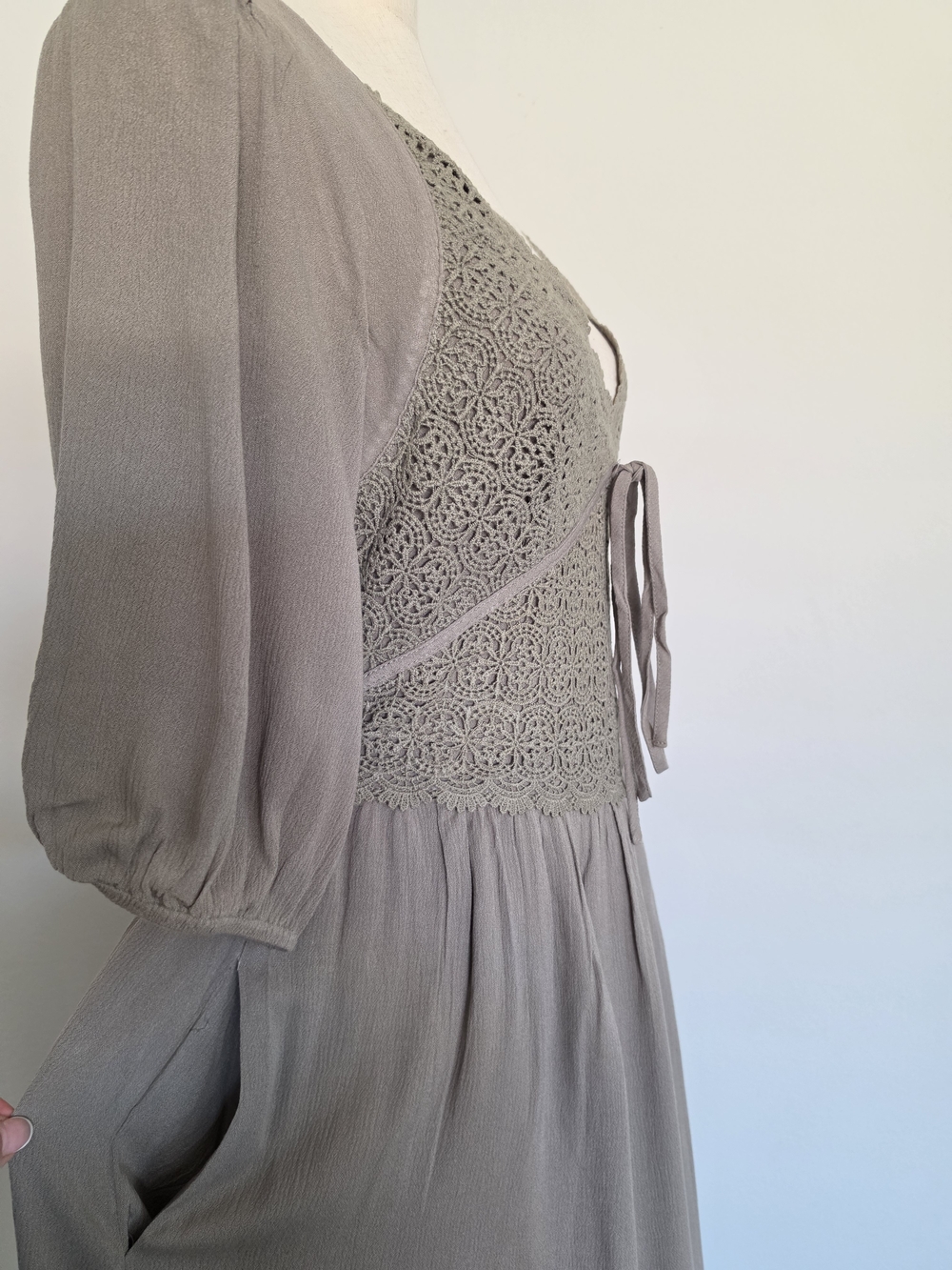 Crochet Bodice Maxi Dress in Olive with Puff Sleeves - Picture 11 of 13
